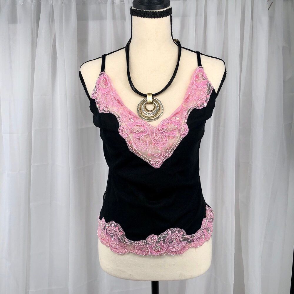 Cache Vintage Black Pink Beaded Fairy Top Medium